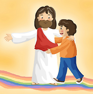전신 PSD 남자 기독교 종교 어린이 무지개 일러스트 어깨동무 사랑 서기 사람 소년 두명 믿음 예수 기독교인 구출 남자만 소년만 국내일러스트 자연요소 감정 포즈 모션 도움 신_종교 어린이만 파일형식