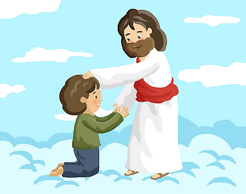 주간 전신 PSD 구름 남자 기독교 종교 일러스트 하늘 사랑 서기 사람 소년 야외 두명 기도 예수 기독교인 구출 무릎꿇기 안수 남자만 국내일러스트 자연요소 감정 어린이 모션 도움 신_종교 파일형식