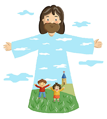 주간 전신 PSD 구름 여자 남자 기독교 종교 어린이 일러스트 하늘 사랑 서기 사람 소녀 소년 초원 야외 세명 교회 예수 기독교인 구출 국내일러스트 자연요소 감정 종교건축 모션 건물 도움 신_종교 파일형식