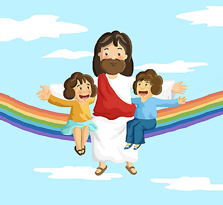 주간 전신 PSD 구름 여자 남자 기독교 종교 어린이 무지개 일러스트 하늘 사랑 사람 앉기 소녀 소년 야외 세명 예수 기독교인 국내일러스트 자연요소 감정 모션 신_종교 파일형식