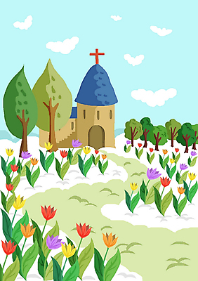 주간 PSD 나무 구름 시설물 현대건축 건축 꽃 기독교 종교 꽃밭 일러스트 종교건축 종교시설 하늘 사람없음 야외 교회 튤립 국내일러스트 자연요소 식물 건축물 건물 시설 파일형식