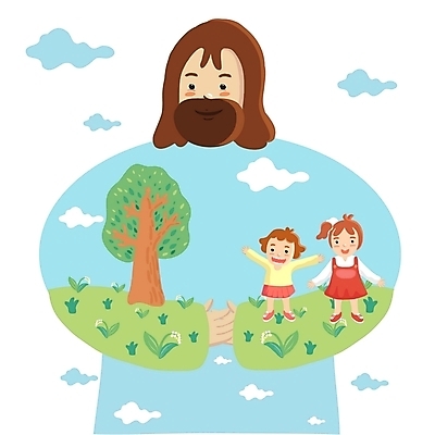 주간 전신 PSD 나무 구름 여자 남자 기독교 종교 어린이 일러스트 하늘 사랑 서기 사람 소녀 소년 초원 야외 세명 예수 기독교인 구출 국내일러스트 자연요소 식물 감정 모션 도움 신_종교 파일형식