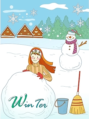 EPS 주간 나무 구름 사계절 계절 여자 겨울 일러스트 청소년 자연 눈사람 하늘 산 주택 한명 사람 야외 10대 눈 눈송이 숲 빗자루 양동이 눈장난 여자만 여자한명만 십대만 십대여자만 십대여자한명만 국내일러스트 자연요소 식물 1 놀이 날씨 눈_날씨 건물 청소도구 생태계 파일형식 벡터