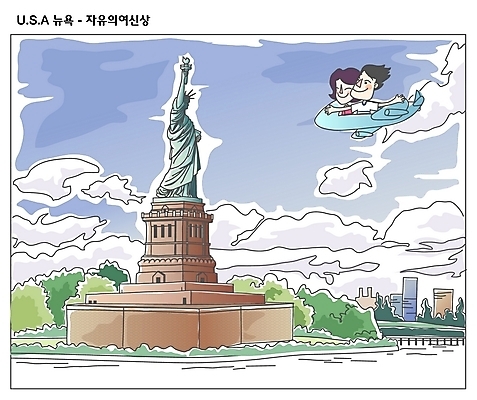 EPS 주간 커플 여자 남자 외국문화 해외여행 여행 북아메리카 일러스트 하늘 휴가 비행기 사람 야외 두명 관광지 미국 세계문화유산 세계여행 뉴욕 자유의여신상 세계명소 국내일러스트 자연요소 해외 문화 관계 항공교통 대중교통 아메리카 세계 문화재 파일형식 벡터