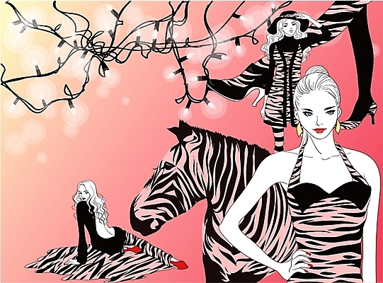 EPS 모델 여자 패션 일러스트 전구 사람 세명 유행 카펫 얼룩말 연예인 얼룩무늬 여자만 국내일러스트 직업 무늬 말_동물 파일형식 벡터