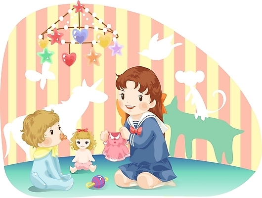 EPS 여자 남자 감정 어린이라이프 인형 일러스트 놀이 실내 사람 두명 장난감 아기 순수 즐거움 딸랑이 모빌 아기만 국내일러스트 라이프스타일 어린이 컨셉 내부 아기용품 파일형식 벡터