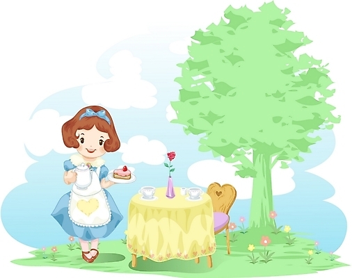 여자 꽃 어린이라이프 여유 어린이 의자 일러스트 탁자 사람 장미 파티 케이크 꽃병 커피잔 찻잔 여자만 어린이만 소녀만 국내일러스트 식물 라이프스타일 감정 커피 가구 디저트 잔 이벤트