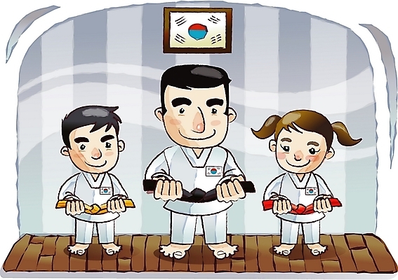 EPS 직업 학생 여자 남자 초등학생 어린이 스포츠 일러스트 도복 사람 소녀 소년 세명 운동 태권도 태권도장 어린이만 국내일러스트 옷 건강 격투기 학원 파일형식 벡터