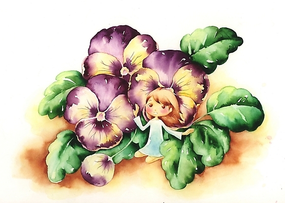 식물 여자 꽃 초등학생 어린이 컬러 백그라운드 잎 일러스트 상상 한명 사람 소녀 판타지 보라색 팬지 여자만 여자한명만 어린이만 소녀만 소녀한명만 국내일러스트 1 학생