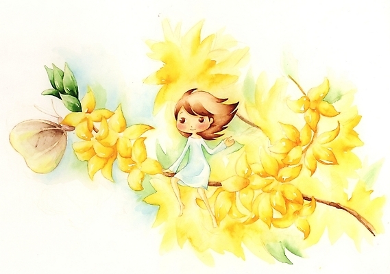 PSD 식물 여자 꽃 초등학생 어린이 컬러 나비 백그라운드 일러스트 상상 한명 사람 소녀 판타지 노란색 나뭇가지 개나리 여자만 여자한명만 어린이만 소녀만 소녀한명만 국내일러스트 나무 1 학생 곤충 파일형식