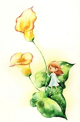 PSD 식물 여자 꽃 초등학생 어린이 백그라운드 잎 일러스트 상상 한명 사람 소녀 판타지 카라 칼라꽃 여자만 여자한명만 어린이만 소녀만 소녀한명만 국내일러스트 1 학생 파일형식