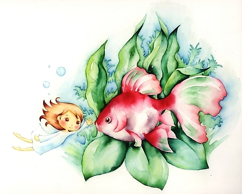 PSD 동물 여자 초등학생 어린이 백그라운드 일러스트 상상 어류 한명 사람 소녀 물 판타지 수중 금붕어 여자만 여자한명만 어린이만 소녀만 소녀한명만 국내일러스트 자연요소 1 학생 수중동물 파일형식