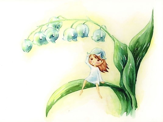 PSD 식물 여자 꽃 초등학생 어린이 백그라운드 잎 일러스트 상상 한명 사람 소녀 야외 판타지 흰색 은방울꽃 여자만 여자한명만 어린이만 소녀만 소녀한명만 국내일러스트 1 학생 컬러 파일형식