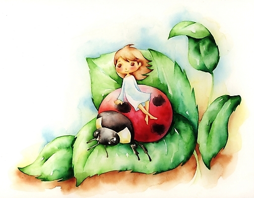 PSD 동물 여자 초등학생 어린이 곤충 백그라운드 잎 일러스트 상상 한명 사람 소녀 판타지 풀 무당벌레 여자만 여자한명만 어린이만 소녀만 소녀한명만 국내일러스트 식물 1 학생 파일형식