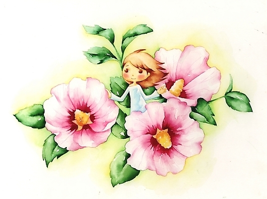 PSD 식물 여자 꽃 초등학생 어린이 분홍색 백그라운드 잎 일러스트 상상 한명 사람 소녀 판타지 무궁화 여자만 여자한명만 어린이만 소녀만 소녀한명만 국내일러스트 1 학생 컬러 파일형식