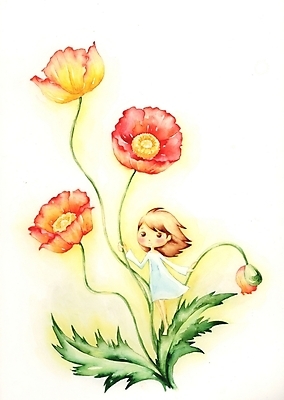 PSD 식물 여자 꽃 초등학생 어린이 컬러 백그라운드 일러스트 상상 한명 사람 소녀 판타지 양귀비 여자만 여자한명만 어린이만 소녀만 소녀한명만 국내일러스트 1 학생 파일형식