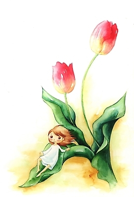 PSD 식물 여자 꽃 초등학생 어린이 백그라운드 일러스트 상상 한명 사람 소녀 야외 판타지 튤립 여자만 여자한명만 어린이만 소녀만 소녀한명만 국내일러스트 1 학생 파일형식