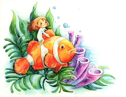 PSD 동물 여자 초등학생 어린이 백그라운드 일러스트 상상 어류 한명 사람 소녀 판타지 금붕어 여자만 여자한명만 어린이만 소녀만 소녀한명만 국내일러스트 1 학생 수중동물 파일형식