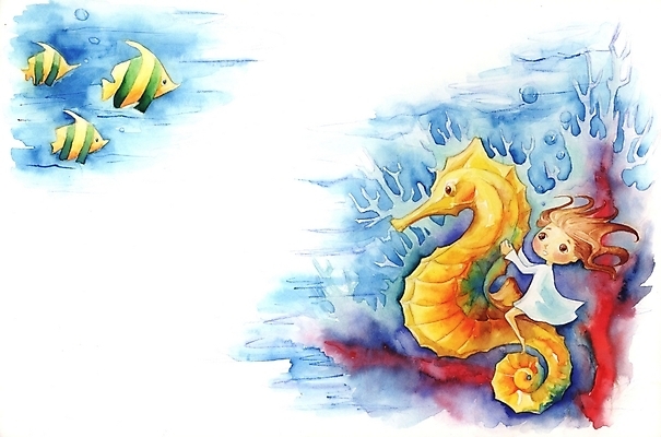 PSD 여자 초등학생 어린이 바다 백그라운드 일러스트 상상 어류 한명 사람 소녀 판타지 해저 해마 여자만 여자한명만 어린이만 소녀만 소녀한명만 국내일러스트 1 학생 바닷속 바다동물 수중동물 파일형식