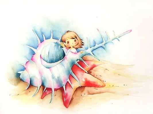 PSD 여자 초등학생 어린이 백그라운드 일러스트 상상 불가사리 한명 사람 소녀 야외 판타지 하이앵글 소라 여자만 여자한명만 어린이만 소녀만 소녀한명만 국내일러스트 1 학생 뷰포인트 어패류 극피동물 파일형식