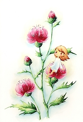 PSD 식물 여자 꽃 초등학생 어린이 분홍색 백그라운드 일러스트 상상 한명 사람 소녀 판타지 엉겅퀴 여자만 여자한명만 어린이만 소녀만 소녀한명만 국내일러스트 1 학생 컬러 파일형식