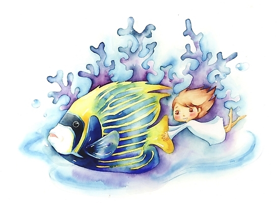 PSD 동물 여자 초등학생 어린이 백그라운드 일러스트 상상 관상어 어류 한명 사람 소녀 판타지 여자만 여자한명만 어린이만 소녀만 소녀한명만 국내일러스트 1 학생 수중동물 파일형식