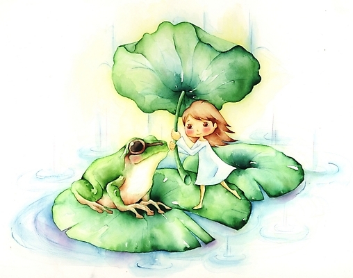 PSD 식물 동물 여자 초등학생 어린이 백그라운드 잎 일러스트 상상 날씨 개구리 한명 사람 소녀 야외 판타지 연못 비 연잎 청개구리 여자만 여자한명만 어린이만 소녀만 소녀한명만 국내일러스트 자연요소 1 학생 양서류 파일형식