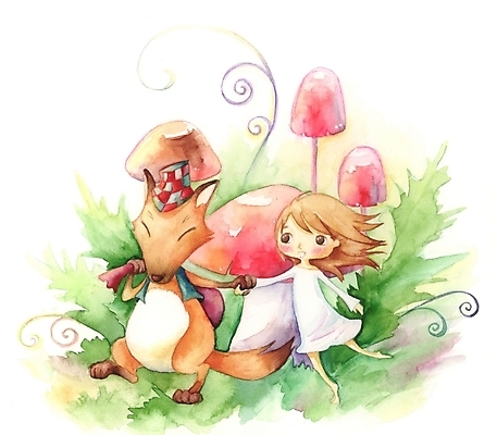 PSD 식물 동물 여자 초등학생 어린이 백그라운드 일러스트 상상 한명 사람 소녀 야외 판타지 버섯 여우 여자만 여자한명만 어린이만 소녀만 소녀한명만 국내일러스트 1 학생 포유류 파일형식