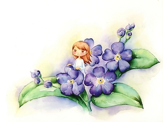 PSD 식물 여자 꽃 초등학생 어린이 컬러 백그라운드 일러스트 상상 한명 사람 소녀 파란색 판타지 하이앵글 제비꽃 여자만 여자한명만 어린이만 소녀만 소녀한명만 국내일러스트 1 학생 뷰포인트 파일형식