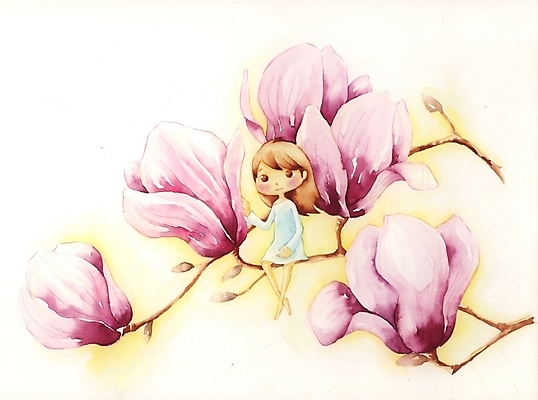 PSD 식물 여자 꽃 초등학생 어린이 분홍색 백그라운드 일러스트 상상 한명 사람 소녀 판타지 목련 여자만 여자한명만 어린이만 소녀만 소녀한명만 국내일러스트 1 학생 컬러 파일형식