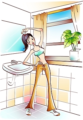 EPS 주간 우먼라이프 라이프스타일 웰빙 여자 화분 다이어트 일러스트 창문 실내 건강 한명 사람 20대 성인 운동복 운동 스트레칭 거울 욕실 창가 세면대 화장실 생활체조 체조 여자만 여자한명만 성인여자만 청년만 청년여자만 성인한명만 청년여자한명만 성인여자한명만 성인만 국내일러스트 자연요소 1 옷 청년 내부 생활 파일형식 벡터