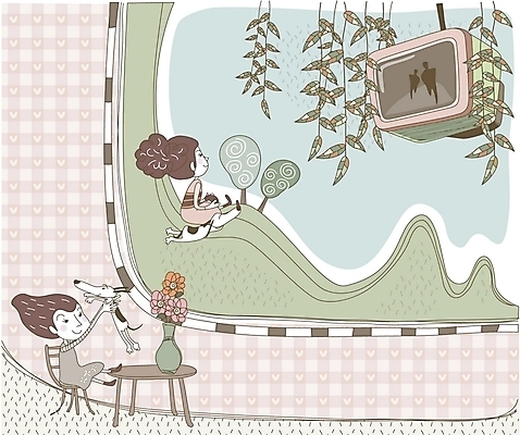 EPS 나무 라이프스타일 여자 의자 일러스트 상상 자연 탁자 휴식 사람 취미 두명 라이프 꽃병 텔레비전 개 강아지 버드나무 여자만 국내일러스트 식물 꽃 가구 컨셉 포유류 생활 전자제품 반려동물 생태계 파일형식 벡터