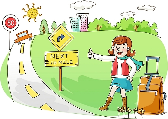 EPS 주간 나무 여자 도로 여행 가방 일러스트 교통시설 휴가 한명 사람 20대 성인 야외 건물 태양 표지판 도로표지판 히치하이킹 여자만 여자한명만 성인여자만 청년만 청년여자만 성인한명만 청년여자한명만 성인여자한명만 성인만 국내일러스트 자연요소 식물 1 건축물 잡화 길 교통 알림판 청년 시설 파일형식 벡터