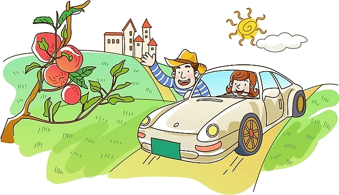 EPS 주간 구름 커플 여자 남자 길 여유 여행 일러스트 자동차 휴가 사람 야외 두명 건물 태양 드라이브 사과 언덕 사과나무 국내일러스트 자연요소 나무 건축물 감정 육상교통 과일 관계 운전 파일형식 벡터