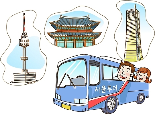 EPS 여자 남자 여유 여행 고건축 한대 일러스트 휴가 버스 서울 한국 사람 풍경 두명 숭례문 국보 경복궁 63빌딩 남산타워 관광버스 서울투어 국내일러스트 1 건축물 감정 아시아 육상교통 대중교통 빌딩 궁전 문화재 남산 랜드마크 파일형식 벡터