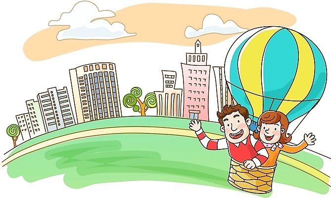 EPS 나무 구름 커플 여자 남자 여유 여행 일러스트 휴가 사람 빌딩 야외 두명 건물 기구 열기구 도시 국내일러스트 자연요소 식물 건축물 감정 관계 항공교통 파일형식 벡터