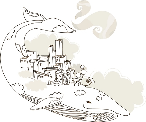 EPS 나무 구름 라인일러스트 일러스트 흑백 풍경 사람없음 건물 마을 도시 고래 국내일러스트 자연요소 식물 건축물 포유류 촬영기법 수중동물 파일형식 벡터