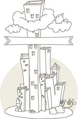 EPS 구름 일러스트 흑백 병아리 풍경 빌딩 사람없음 야외 건물 도시 국내일러스트 자연요소 건축물 조류 촬영기법 파일형식 벡터