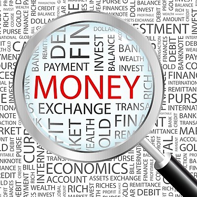 EPS 해외이미지 디자인 백그라운드 컨셉 지폐 돈 일러스트 비즈니스 텍스트 돋보기 사람없음 빨간색 금융 단어 달러 동전 회색 확대 해외202004 해외일러스트 문자 컬러 경제 재산 파일형식 벡터