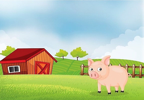 EPS 해외이미지 나무 식물 동물 구름 분홍색 잎 밭 채소 일러스트 자연 하늘 서기 사람없음 야외 파란색 농작물 울타리 농장 농경지 가축 흰색 돼지 농부 오두막 그림 외양간 밭일 해외202004 해외일러스트 자연요소 직업 컬러 농업 포유류 모션 담장 생태계 파일형식 벡터