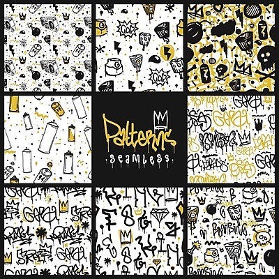 EPS 해외이미지 백그라운드 패턴 일러스트 추상 왕관 힙합 미술 사람없음 세트 노란색 검은색 낙서 그래피티 스케치 그림 해외202004 해외일러스트 음악 컬러 무늬 문화예술 파일형식 벡터