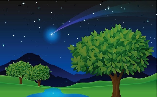 EPS 해외이미지 나무 식물 별 잎 일러스트 자연 하늘 산 풍경 야외 그래픽 초록색 물 파란색 빛 반짝임 평화 정원 어둠 행성 달 시골 야간 숲 그늘 만화 스케치 달빛 언덕 그림 장면 혜성 그리너리 해외202004 해외일러스트 자연요소 컬러 컨셉 모션 미술 우주 생태계 파일형식 벡터 트랜드컬러