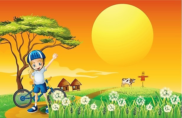 EPS 해외이미지 나무 식물 동물 여자 어린이 잎 밭 채소 일러스트 자연 하늘 안전 사람 야외 농작물 울타리 농장 농경지 자전거 소 농부 헬멧 오두막 그림 외양간 밭일 소녀한명만 해외202004 해외일러스트 직업 농업 포유류 담장 바이크 보호장비 생태계 여자한명만 소녀만 파일형식 벡터