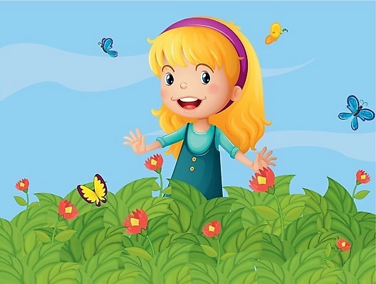 EPS 해외이미지 여자 꽃 어린이 나비 일러스트 한명 서기 사람 정원 소녀한명만 해외202004 해외일러스트 식물 1 곤충 모션 여자한명만 소녀만 파일형식 벡터