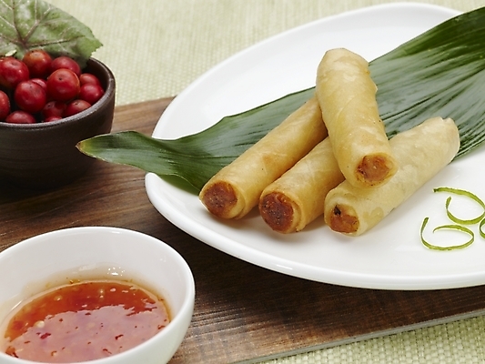 포토 JPG 스튜디오촬영 그릇 식기 접시 음식 나뭇잎 실내 근접촬영 사람없음 장식 가로 빨간색 초록색 중식 양념 춘권 국내포토 뷰포인트 컬러 잎 파일형식