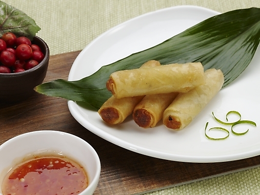 포토 JPG 스튜디오촬영 그릇 식기 접시 음식 나뭇잎 실내 근접촬영 사람없음 장식 가로 빨간색 초록색 중식 양념 춘권 국내포토 뷰포인트 컬러 잎 내부 파일형식