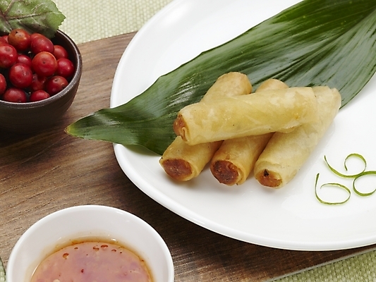 포토 JPG 스튜디오촬영 그릇 식기 접시 음식 나뭇잎 실내 근접촬영 사람없음 장식 가로 빨간색 초록색 중식 양념 춘권 국내포토 뷰포인트 컬러 잎 내부 파일형식