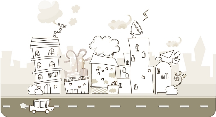 EPS 구름 건축 도로 라인일러스트 일러스트 교통시설 자동차 주택 흑백 선물 풍경 사람없음 야외 건물 선물상자 마을 도시 전파 우체국 국내일러스트 자연요소 건축물 길 육상교통 교통 촬영기법 상자 시설 기관 파일형식 벡터