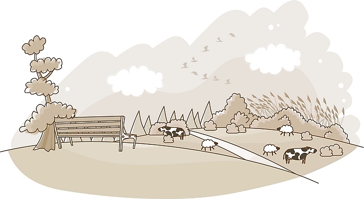 EPS 나무 동물 구름 척추동물 육지동물 벤치 라인일러스트 일러스트 포유류 자연 하늘 흑백 갈대 풍경 초원 사람없음 야외 목장 젖소 양떼 기러기 국내일러스트 자연요소 식물 의자 조류 촬영기법 양 소 생태계 파일형식 벡터