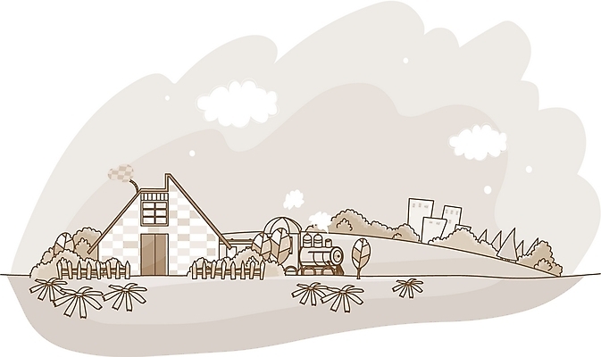 EPS 나무 구름 시설물 사계절 계절 건축 라인일러스트 일러스트 자연 흑백 풍경 초원 사람없음 야외 봄 기차 기차역 국내일러스트 자연요소 식물 건축물 육상교통 대중교통 촬영기법 역 생태계 파일형식 벡터